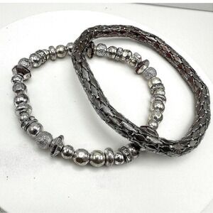 Vintage 90s Dual-Tone Multi-Strand Leather & Silver-Tone Metal Bead Bracelets